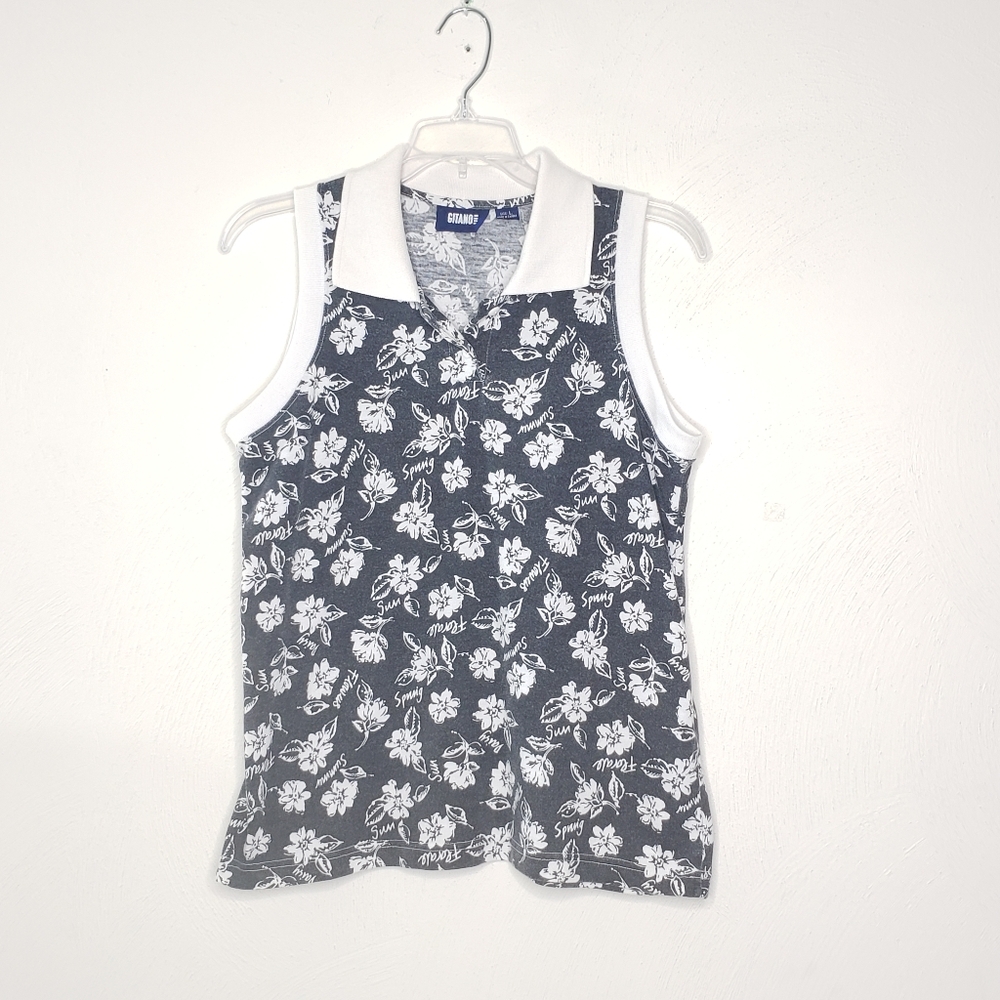 Vintage 90s Gitano Summer Floral Print Collared Sleeveless Top Size Large